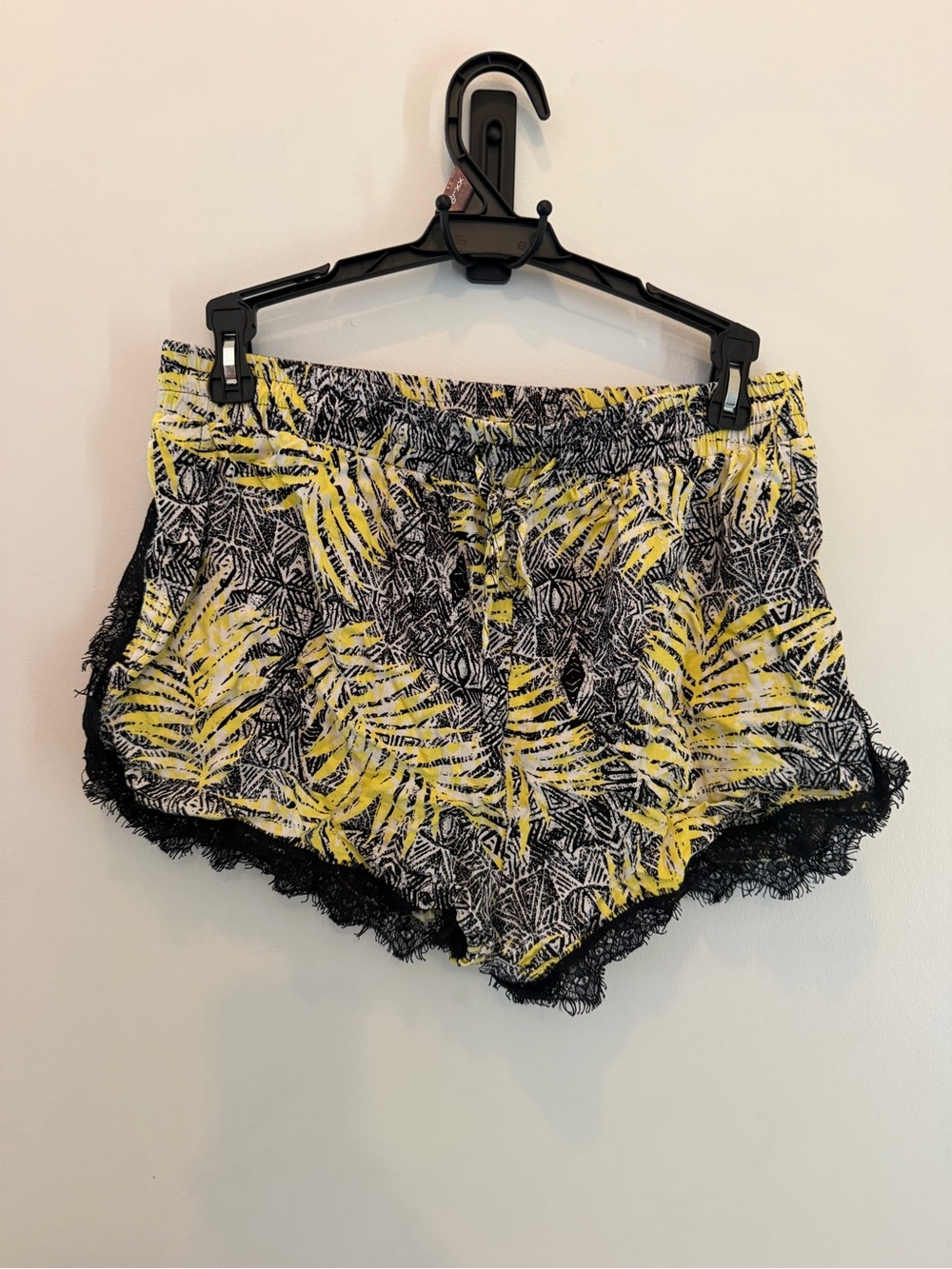Material Girl Yellow Leaf Print High Waist Lounge Shorts with Black Lace